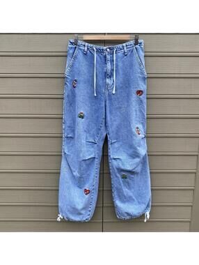 BERSHKA Parachute Blue Women’s Embroidered Jeans Denim Pants Size Medium Turkey